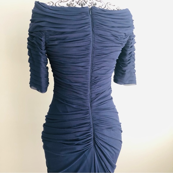 Tadashi Shoji Asymmetric Ruched Sleeve Gown Dress with Train Navy Blue XS S - Picture 10 of 13